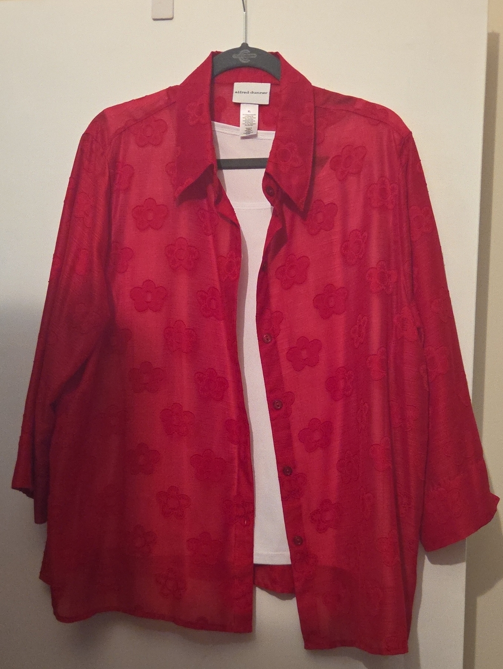 Alfred Dunner Sheer Red Floral Button-Up Blouse With Sleeveless Under Shirt